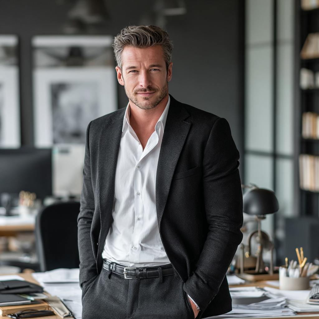 Confident successful man in business attire showcasing personal transformation and achievement in a modern office environment