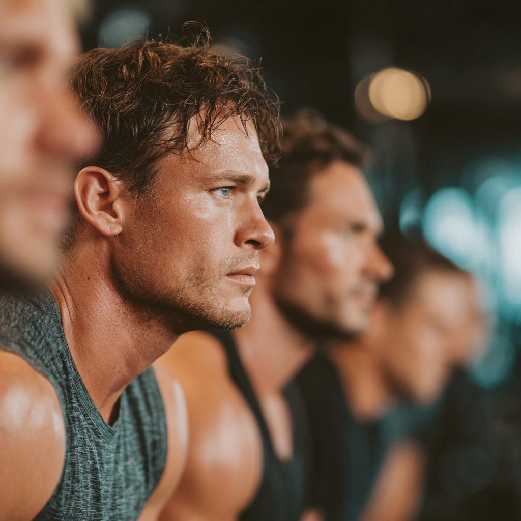 Group of determined men working out together in a modern gym, focusing on strength training and personal development