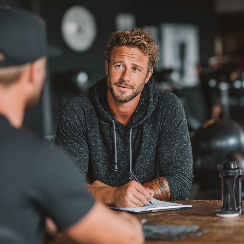 Professional male mentor consulting with a focused client about personal development goals and fitness strategy